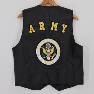 USA Leather Black Leather Biker Vest Mens Army Patch Military Eagle Moto Size XL